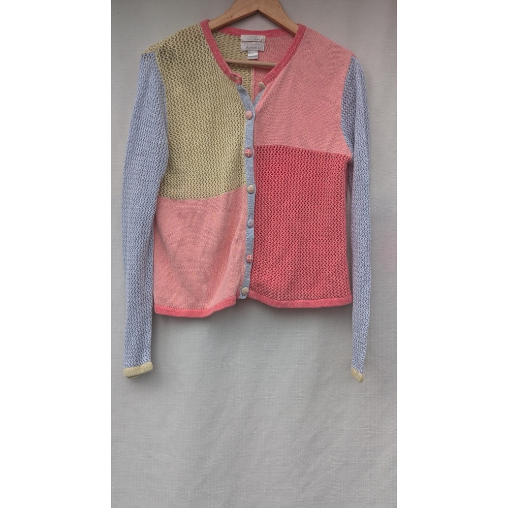 Christopher & Banks Vtg Colorblock Patchwork Knit Cardigan Pink M Cottagecore